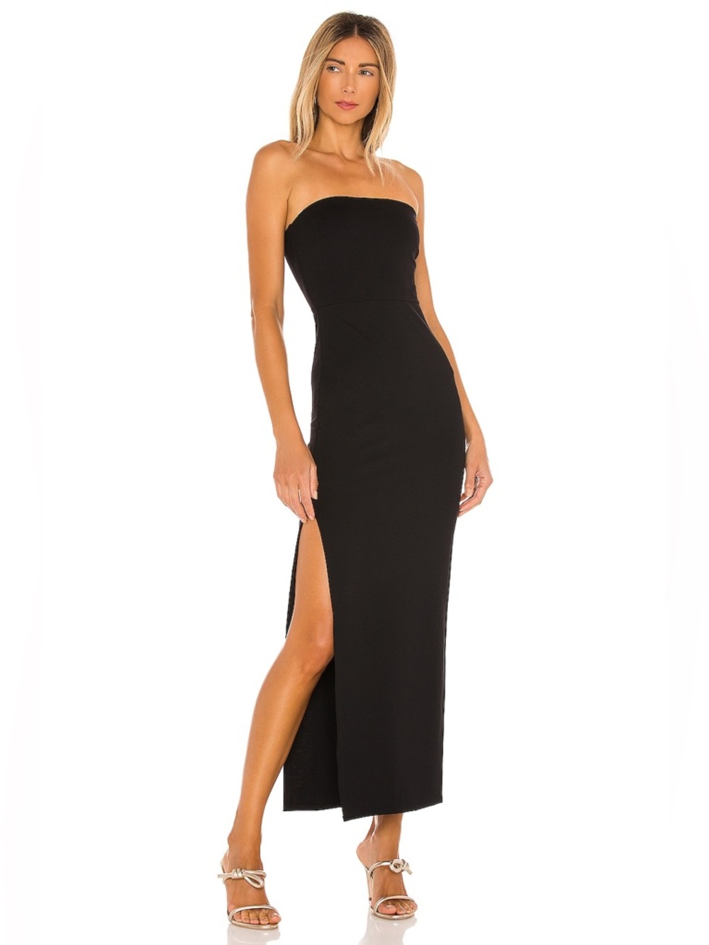 NBD Dream Gown in Black, Black Strapless Dress with Slit & Boning, Size XS